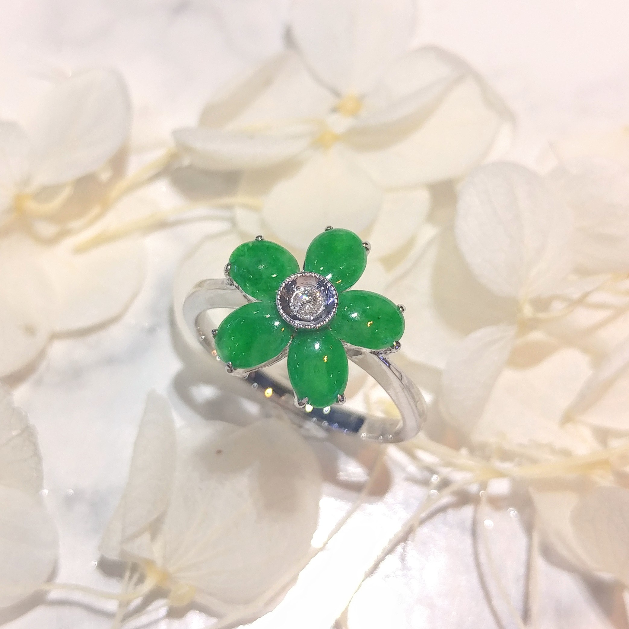 全新18K白金翡翠配3份鑽石戒指