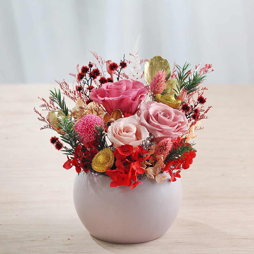 |桃紅粉色-開幕花禮-川流不息-過年送禮-永生花盆栽-中型|