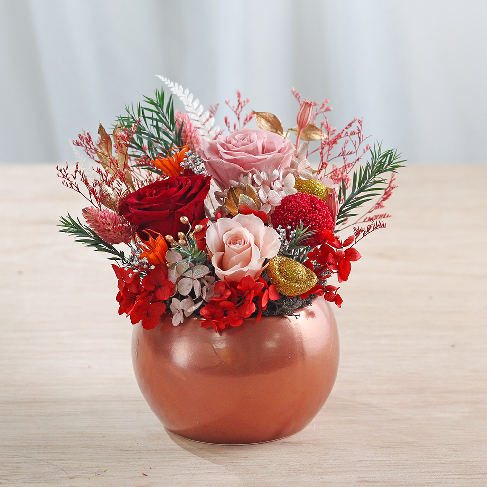 |艷紅香檳粉-開幕盆栽-鴻運昌隆-新年賀禮-永生花盆栽-中型|