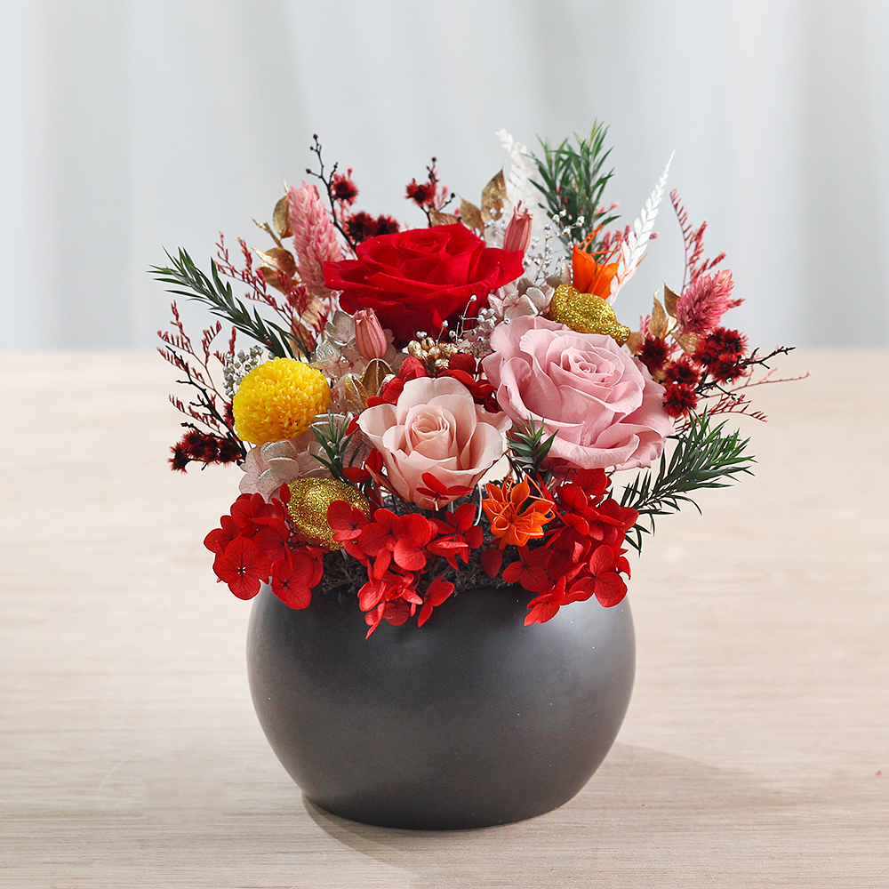 |粉色亮紅色-開幕盆栽-賓至如歸-新年賀禮-永生花盆栽-中型|