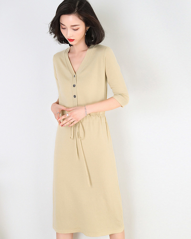 DEER.W 開襟排釦抽繩針織洋裝