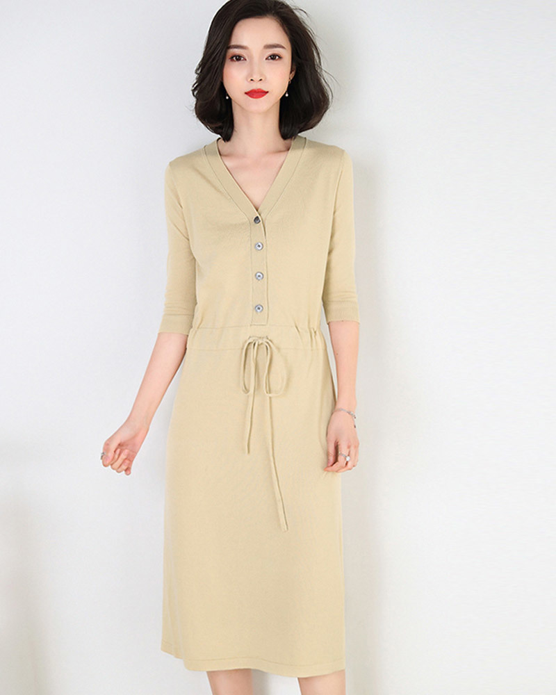 DEER.W 開襟排釦抽繩針織洋裝