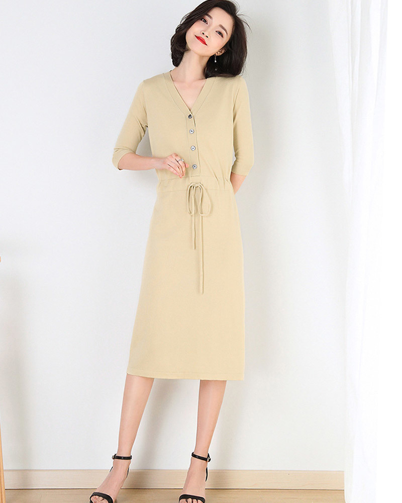 DEER.W 開襟排釦抽繩針織洋裝