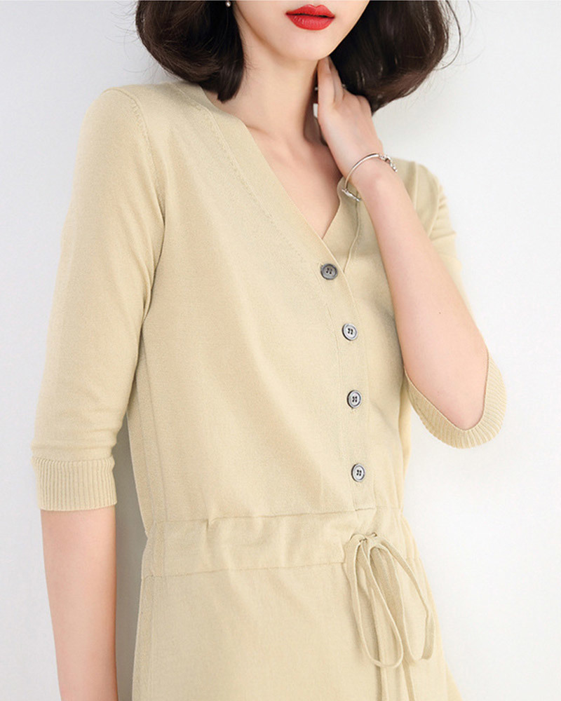 DEER.W 開襟排釦抽繩針織洋裝