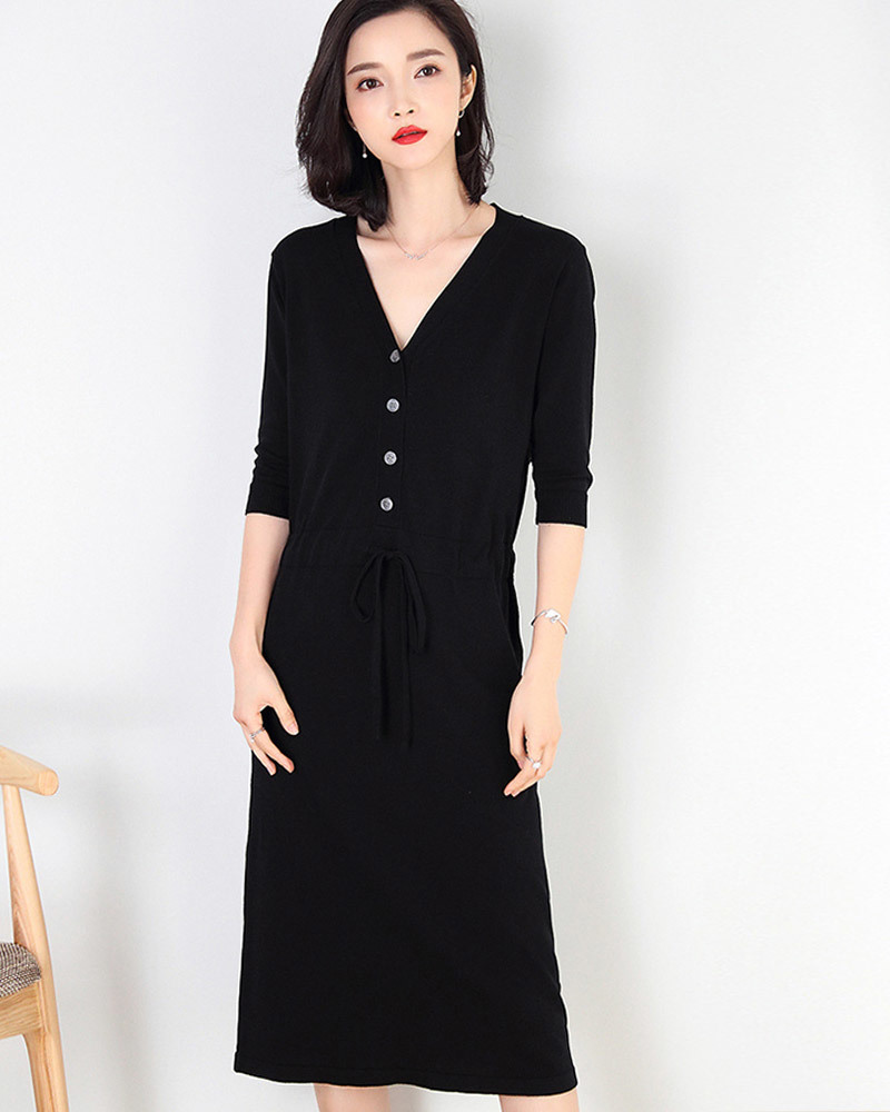DEER.W 開襟排釦抽繩針織洋裝 黑色