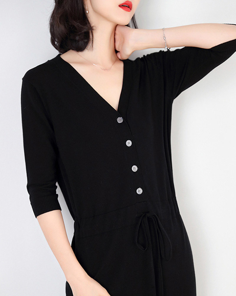 DEER.W 開襟排釦抽繩針織洋裝 黑色