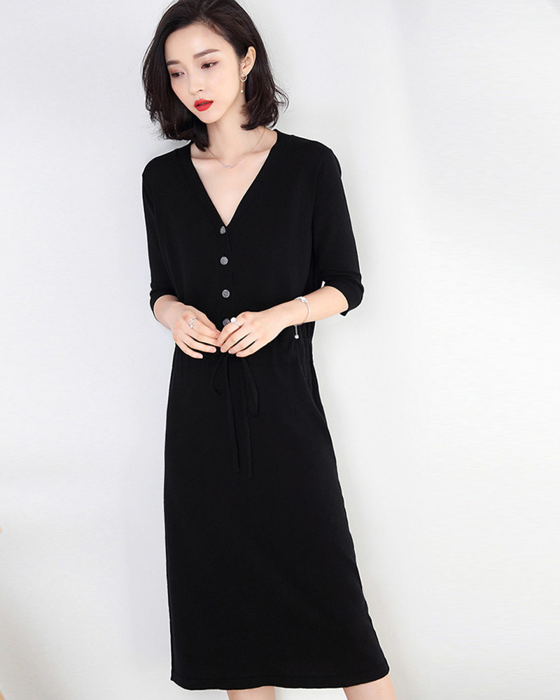 DEER.W 開襟排釦抽繩針織洋裝 黑色
