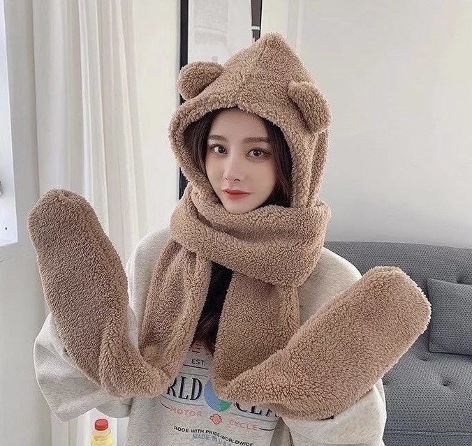 小熊連帽毛絨圍巾/兩色