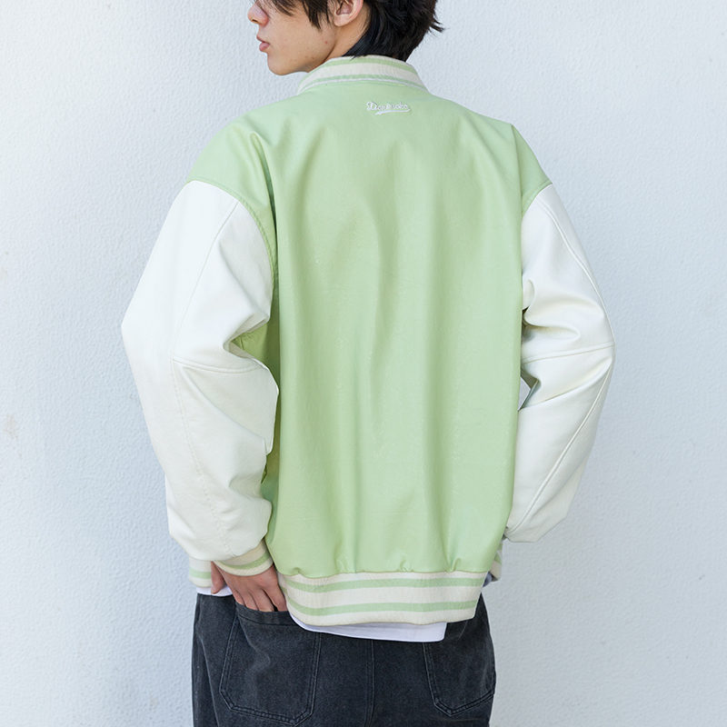 I DON‘T SMOKE 綠色 毛巾繡 PU皮 棒球外套 DONSMOKE Don’t Smoke