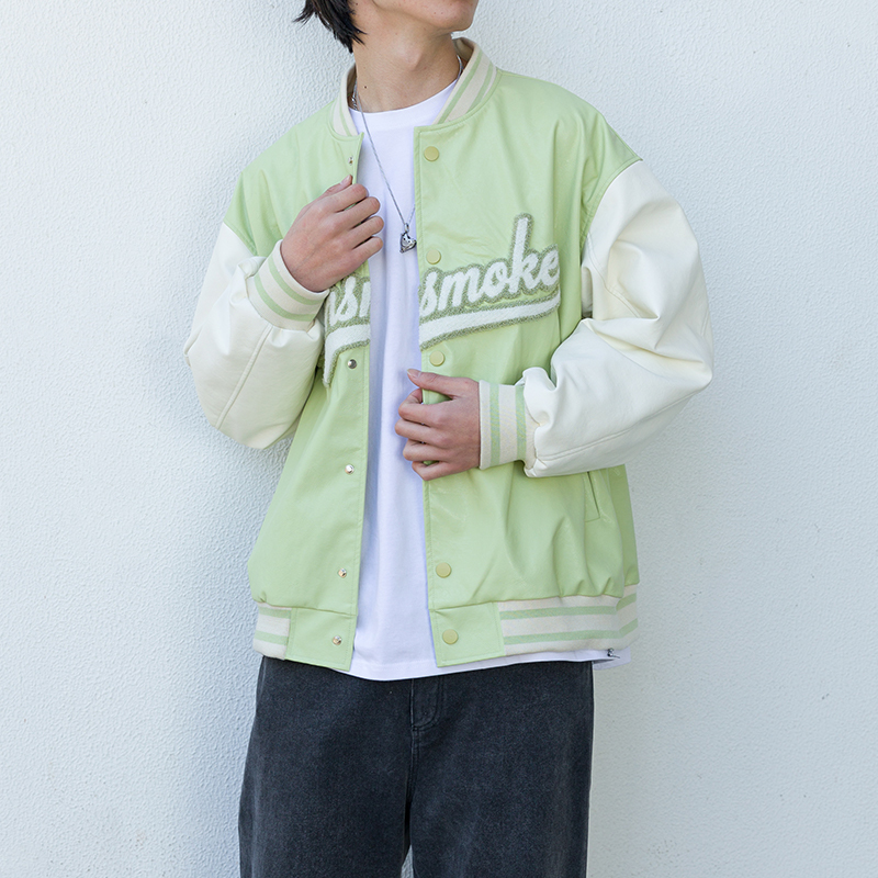I DON‘T SMOKE 綠色 毛巾繡 PU皮 棒球外套 DONSMOKE Don’t Smoke
