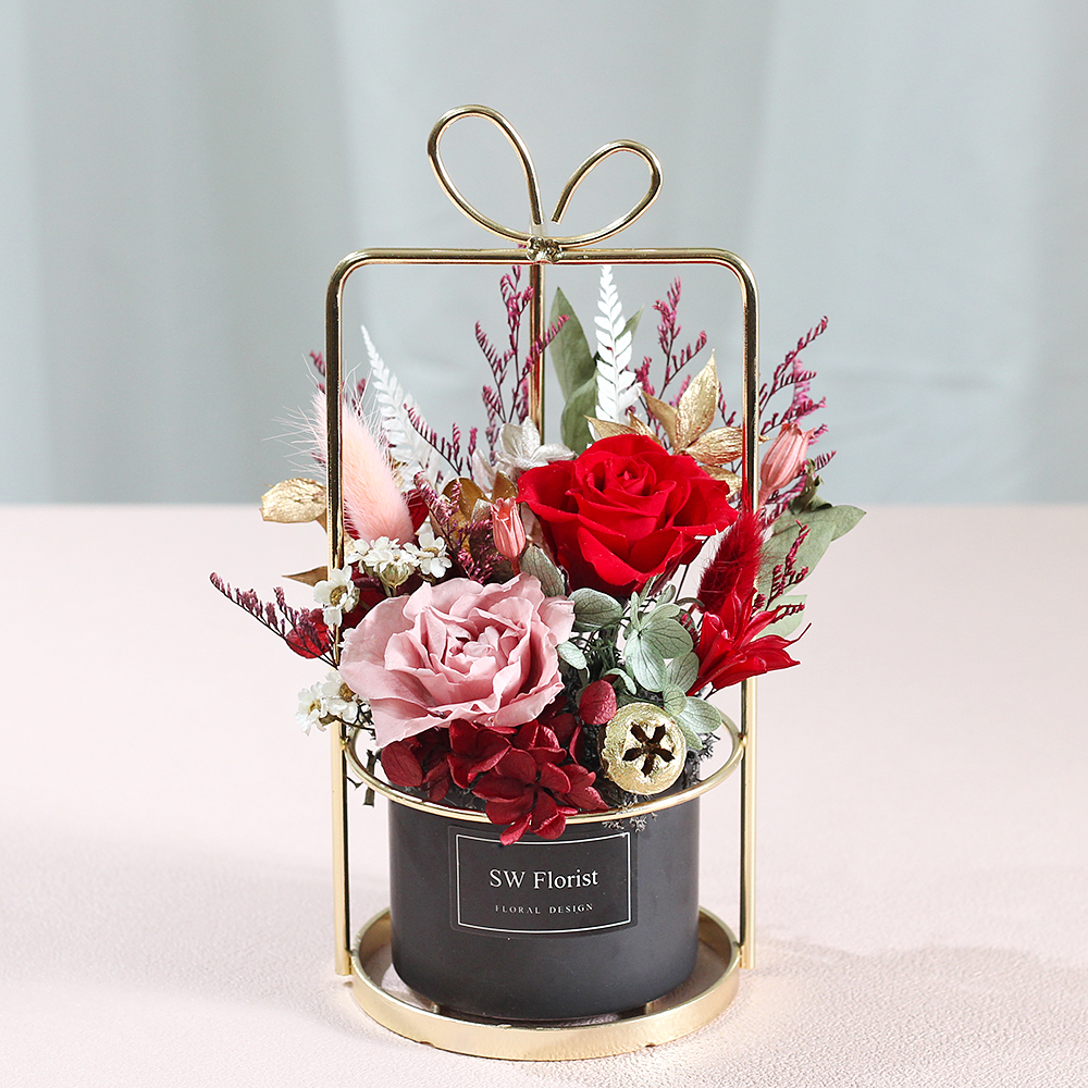 |法式庭園紅粉佳人-開幕祝賀-年節送禮-乾燥花盆栽-小型|