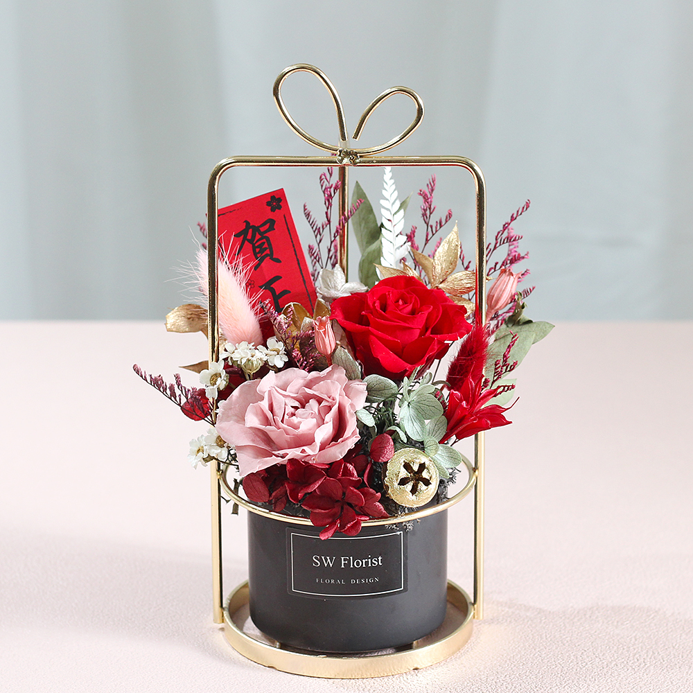 |法式庭園紅粉佳人-開幕祝賀-年節送禮-乾燥花盆栽-小型|