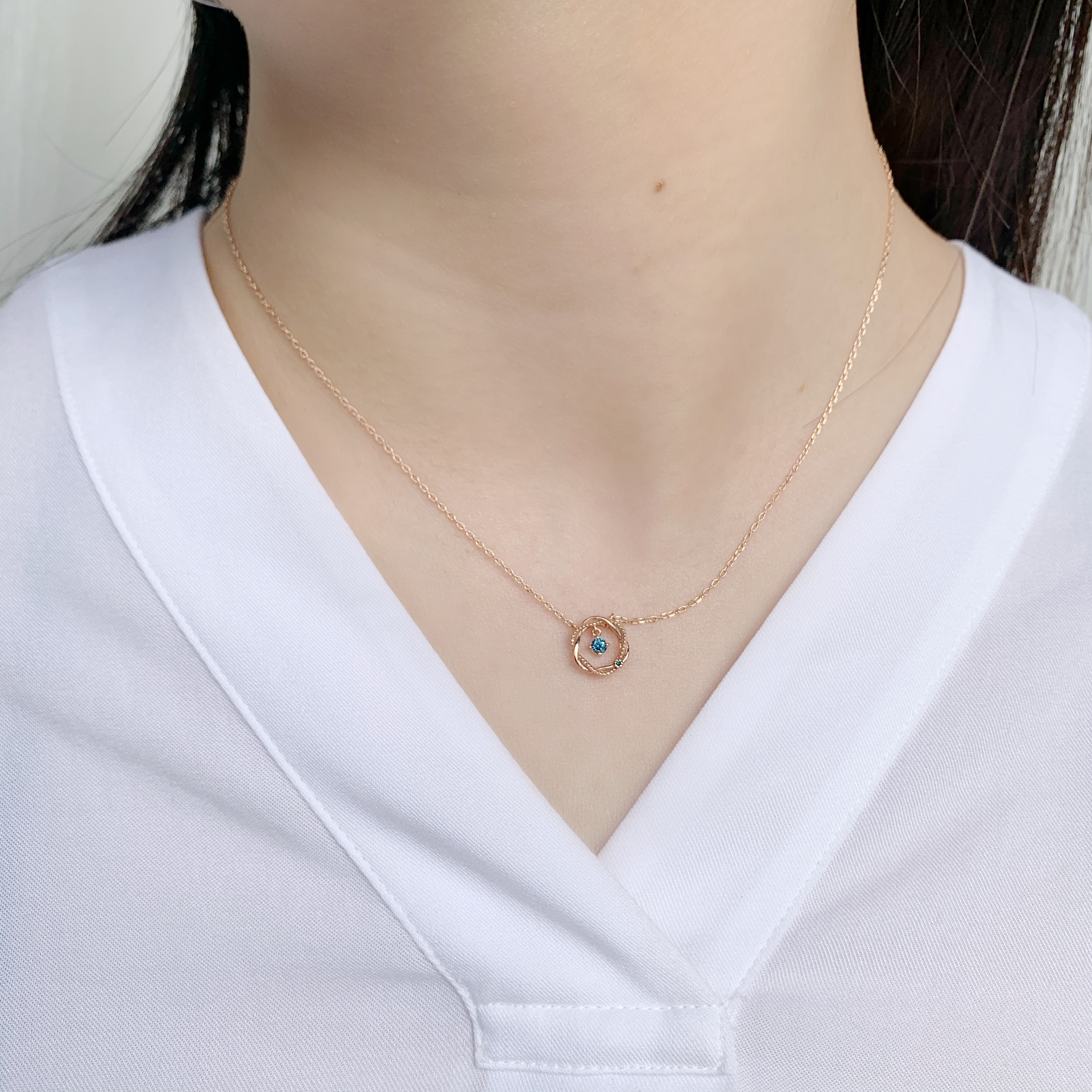 14k玫瑰金 10+1分藍鑽麻花花圈鎖骨鍊