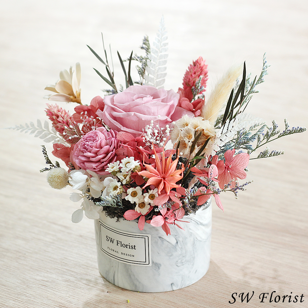 |網美風格大理石紋-開幕盆栽-粉色系乾燥花盆栽-小型|