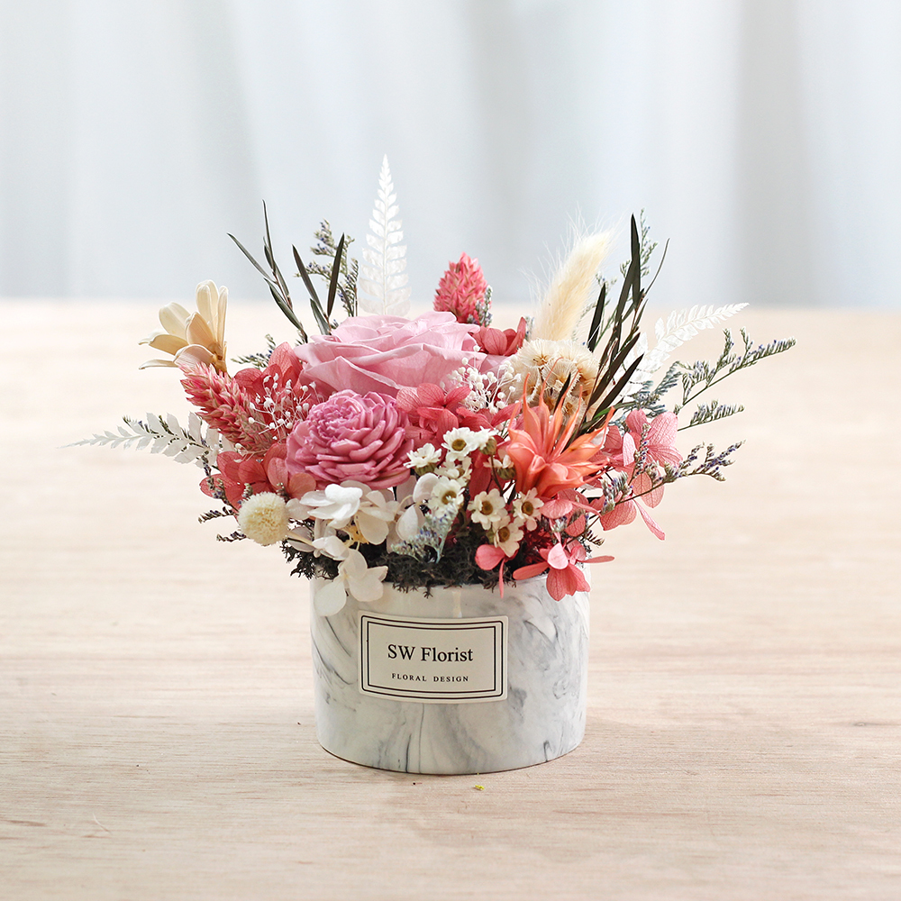 |網美風格大理石紋-開幕盆栽-粉色系乾燥花盆栽-小型|