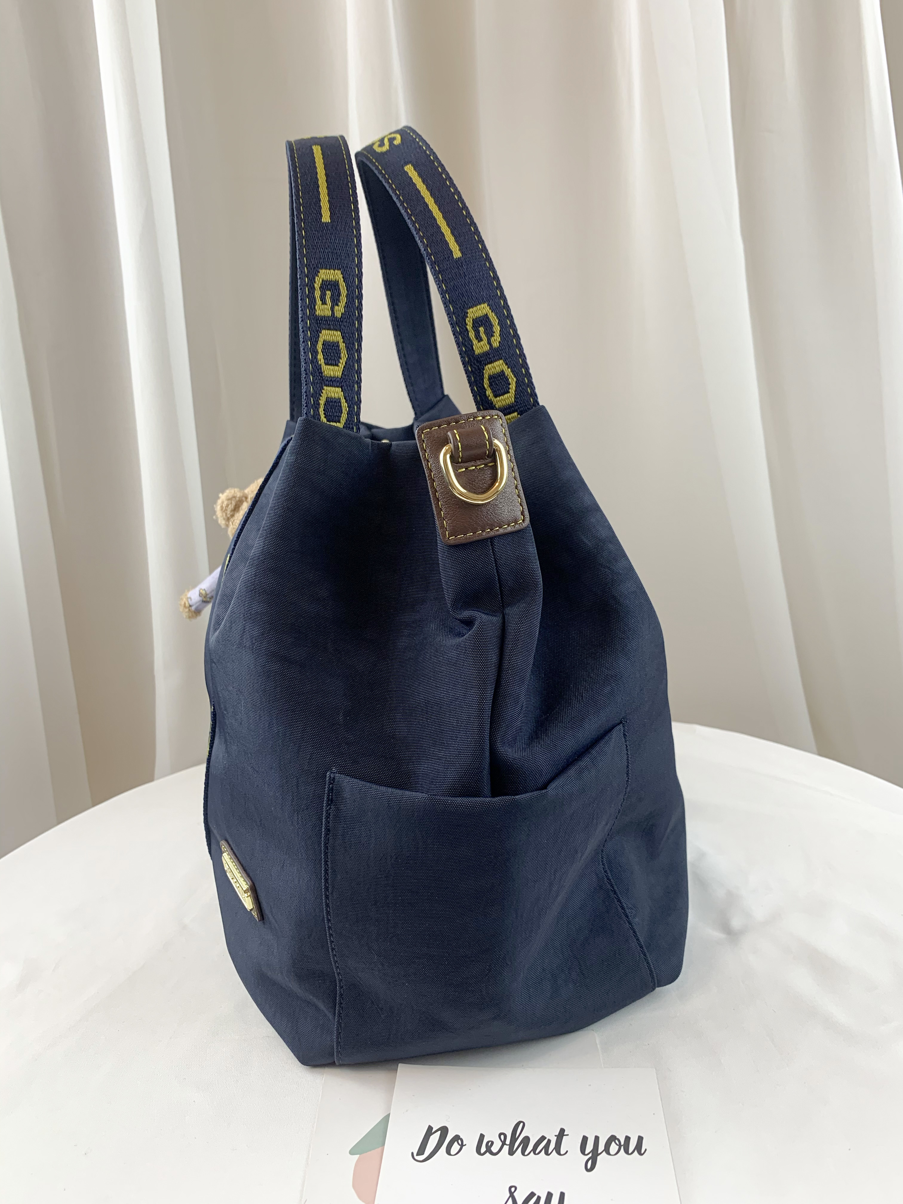 GOODS 織帶黃藍 水洗防潑水手提包 / 側背包 附小熊吊飾  #2568