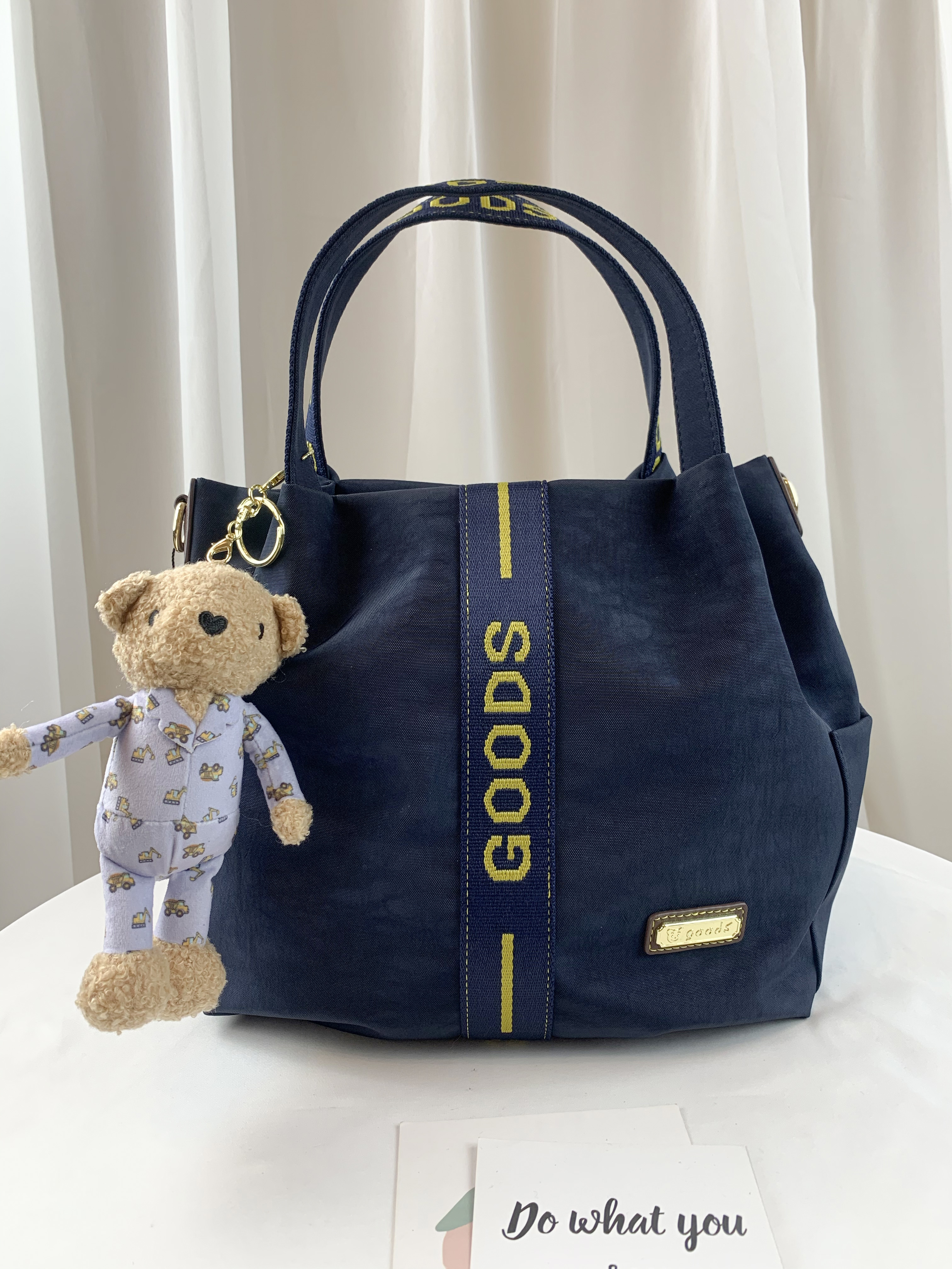 GOODS 織帶黃藍 水洗防潑水手提包 / 側背包 附小熊吊飾  #2568