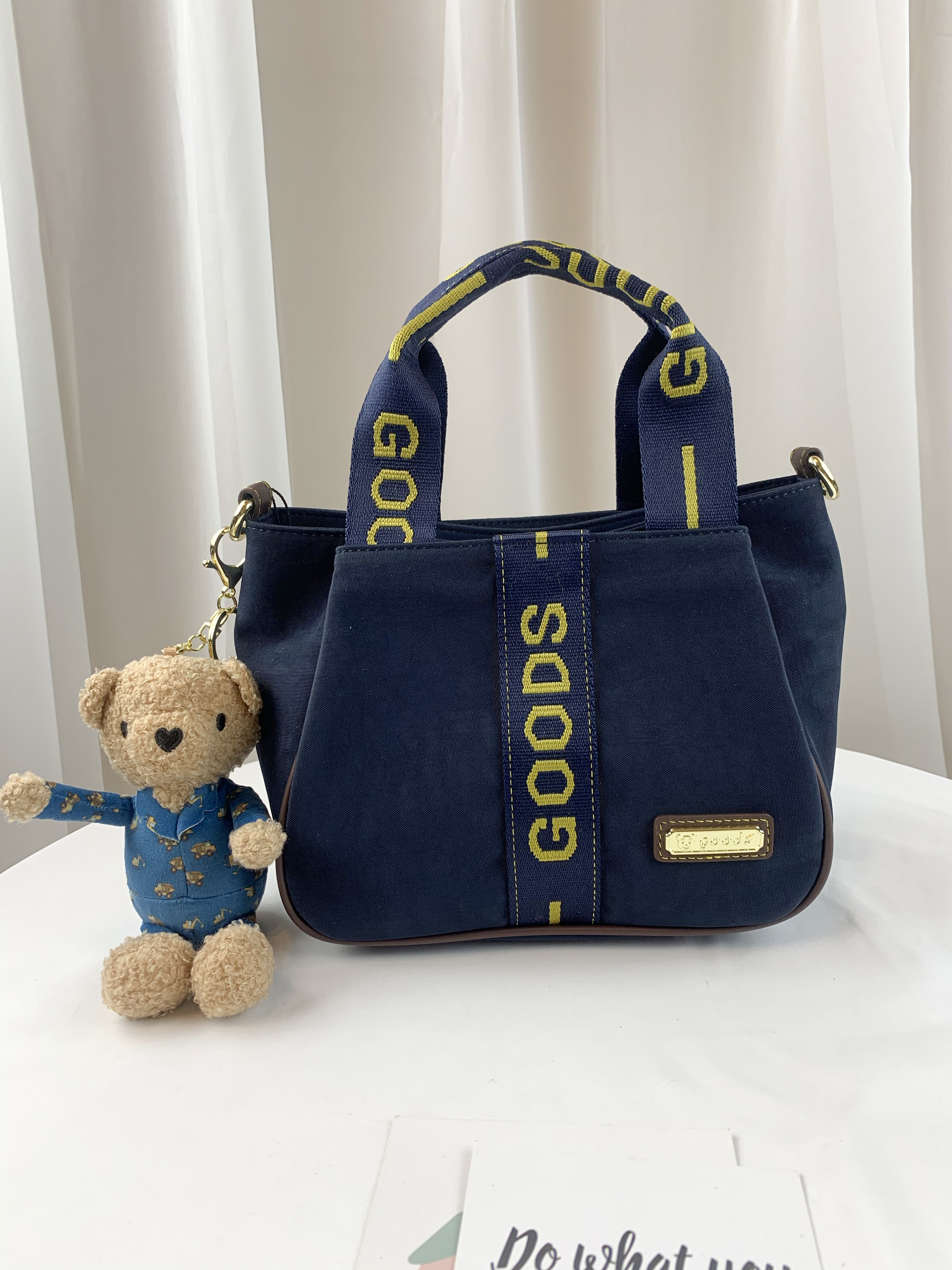 GOODS 織帶黃藍 水洗防潑水手提包 / 側背包 附小熊吊飾 #29023