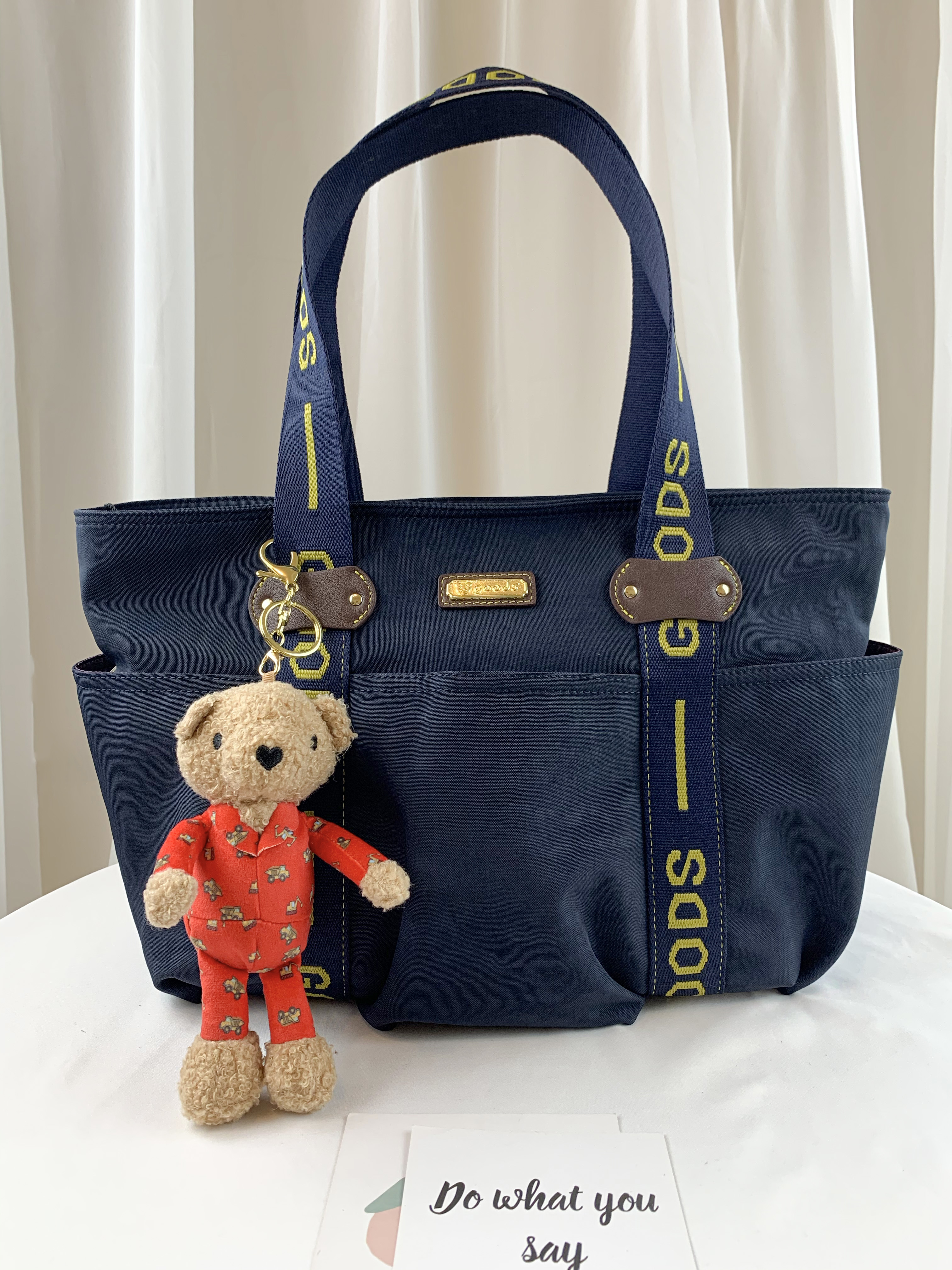 GOODS 織帶黃藍 丹寧防潑水手提包  附小熊吊飾  #2075