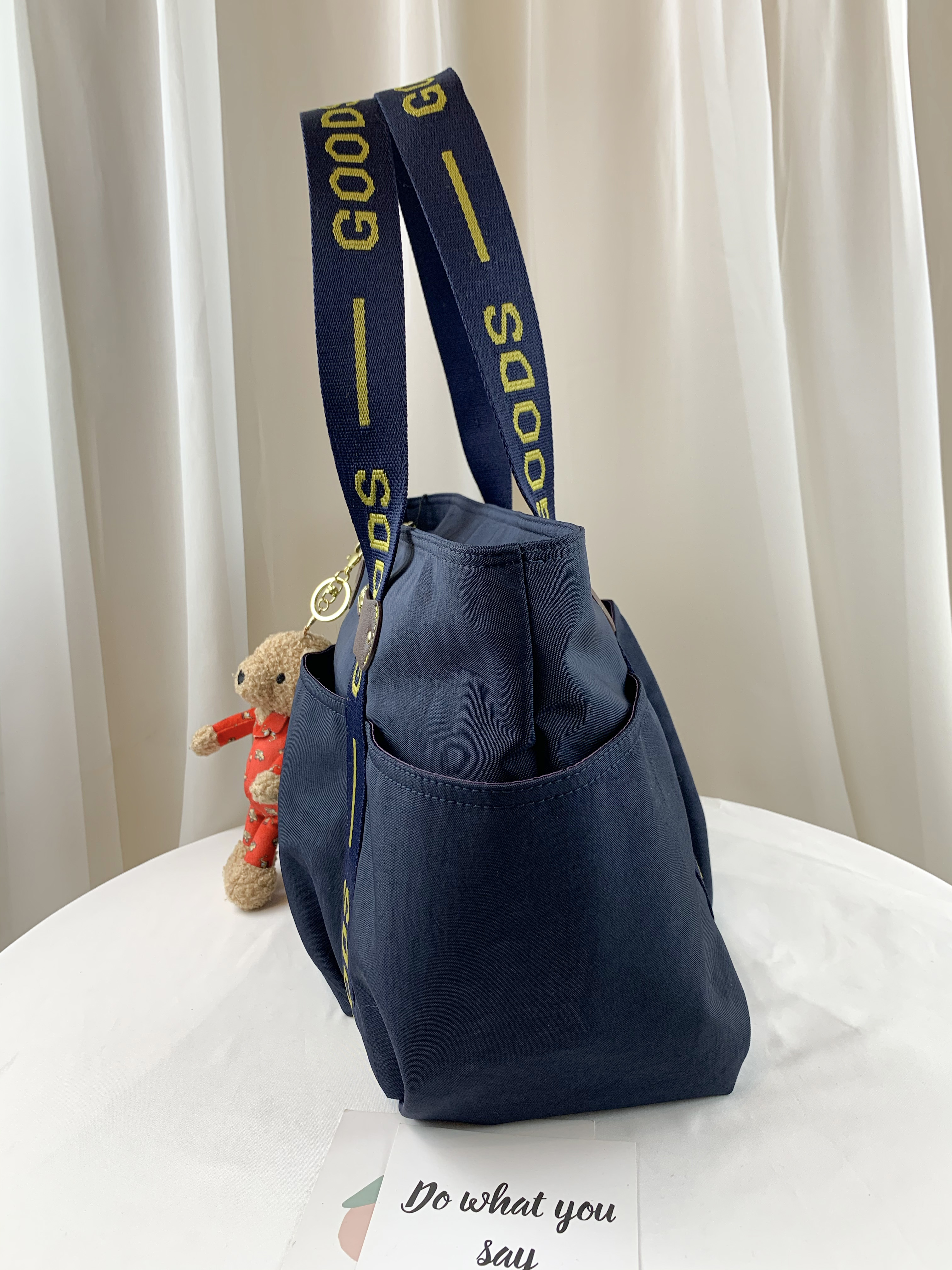 GOODS 織帶黃藍 丹寧防潑水手提包  附小熊吊飾  #2075
