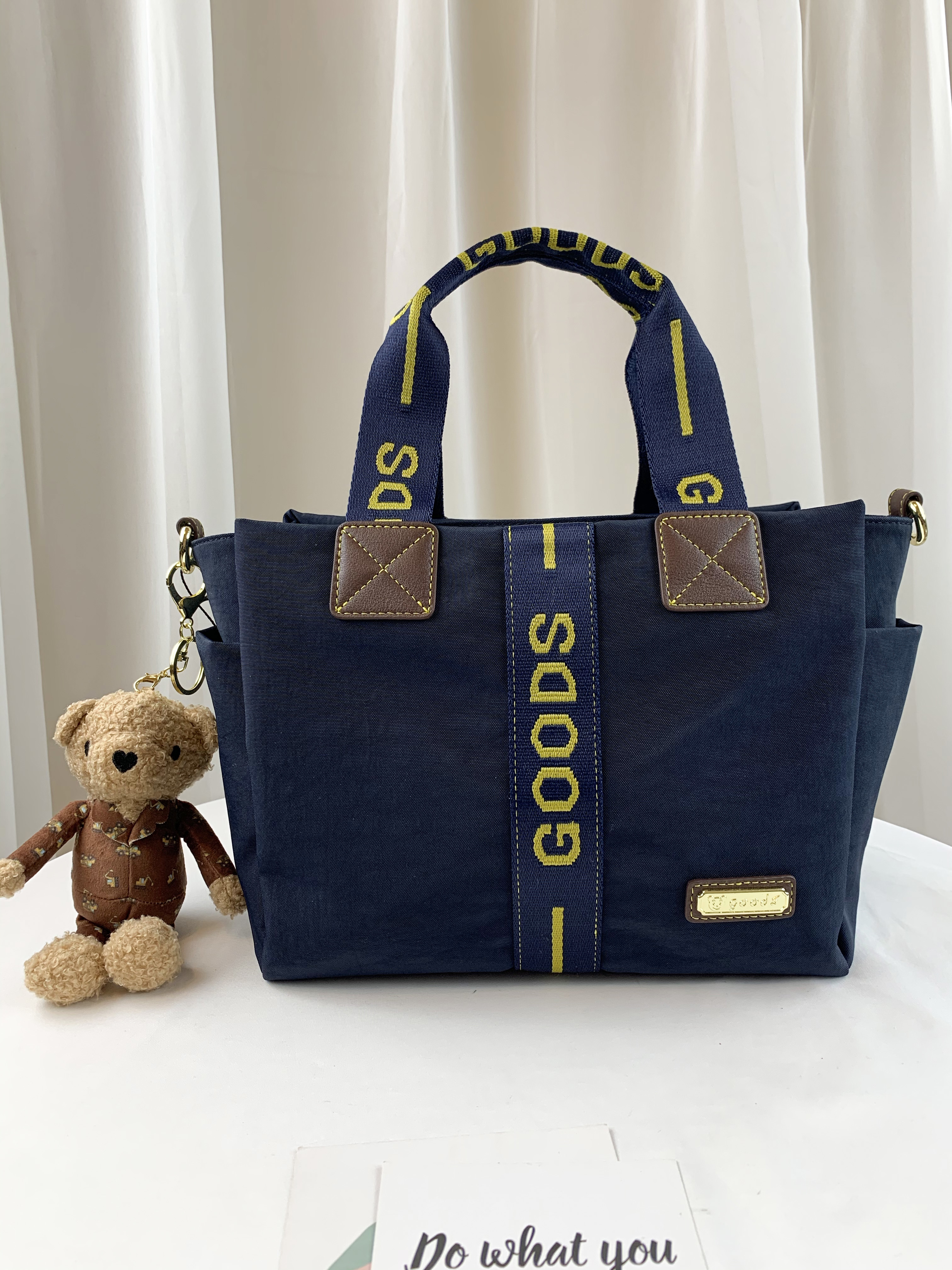 GOODS 織帶黃藍 丹寧防潑水手提包 / 側背包  附小熊吊飾  #2751