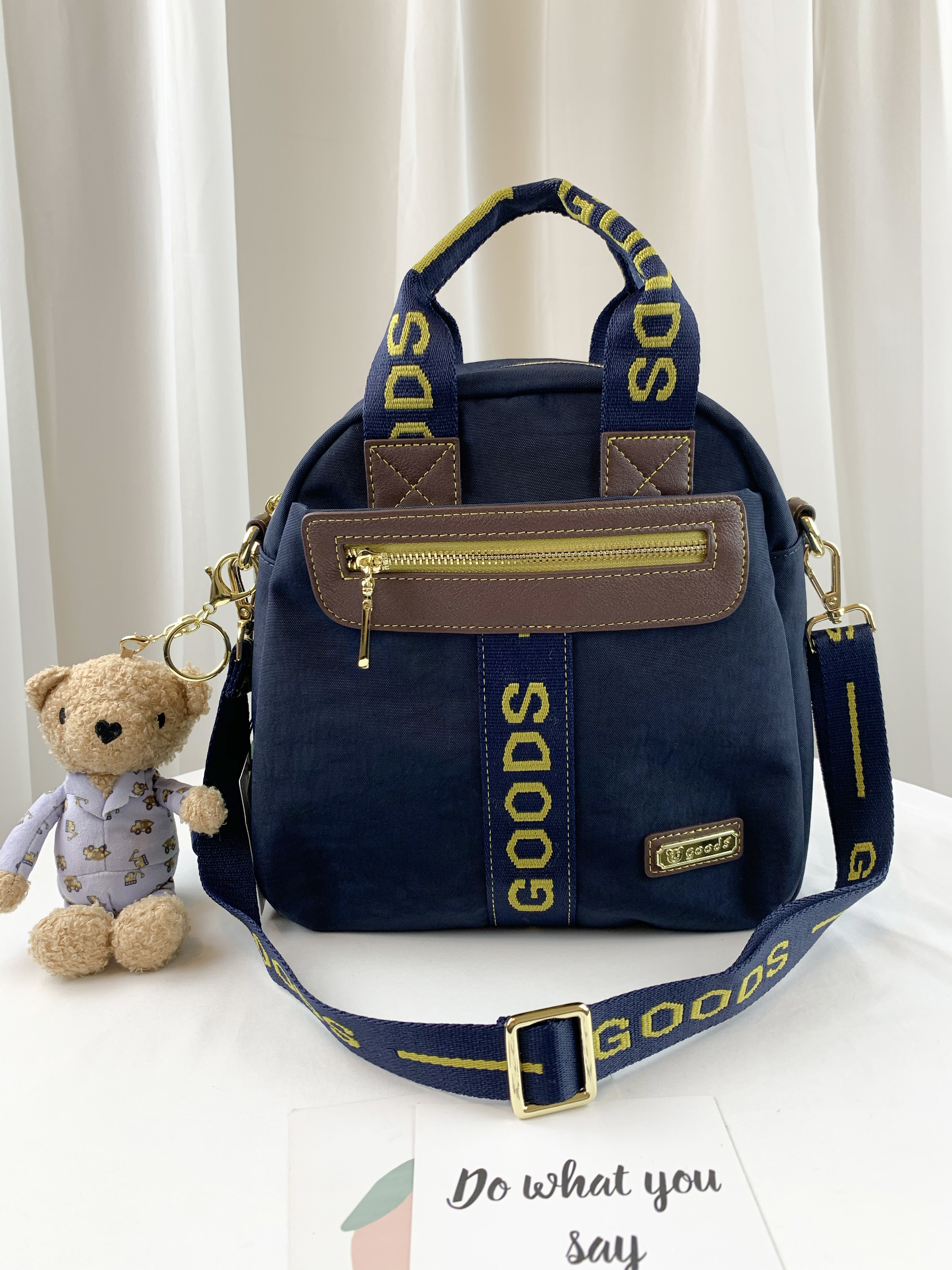 GOODS 織帶黃藍 丹寧防潑水三用後背包 / 側背包 / 手提包  附小熊吊飾  #2750