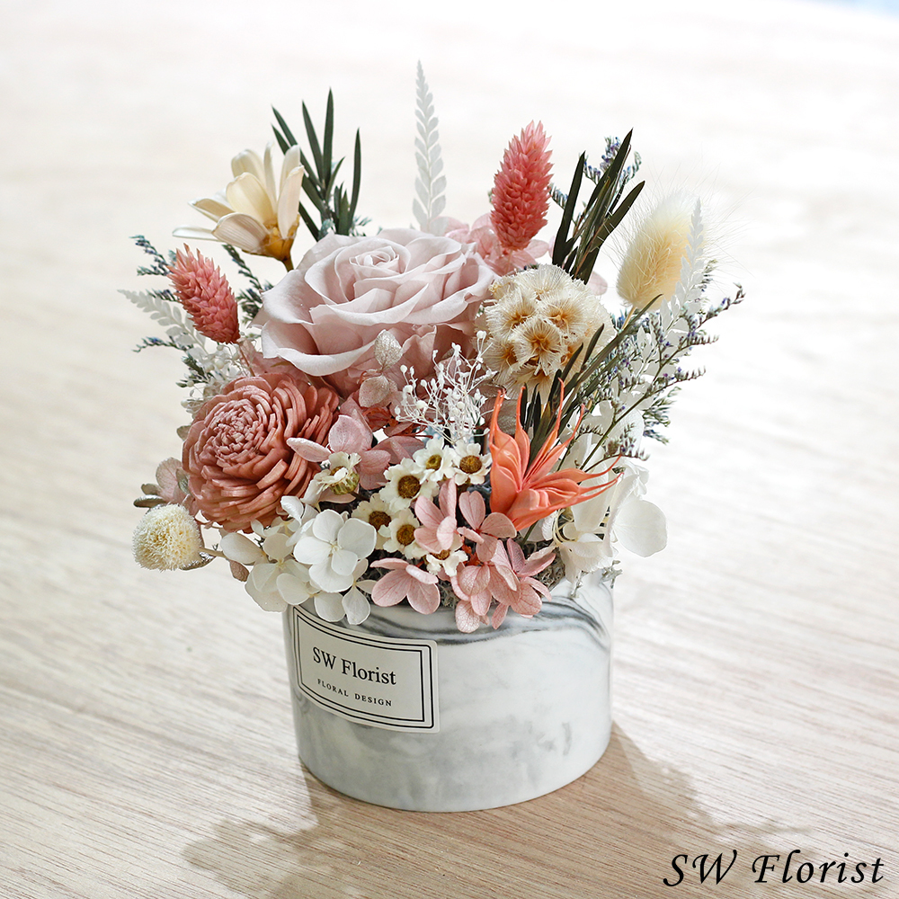 |網美風格大理石紋-開幕盆栽-時尚裸杏色乾燥花盆栽-小型|