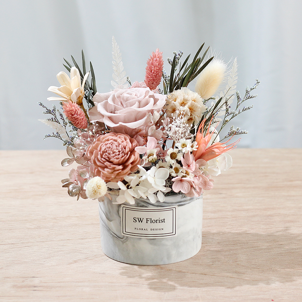 |網美風格大理石紋-開幕盆栽-時尚裸杏色乾燥花盆栽-小型|