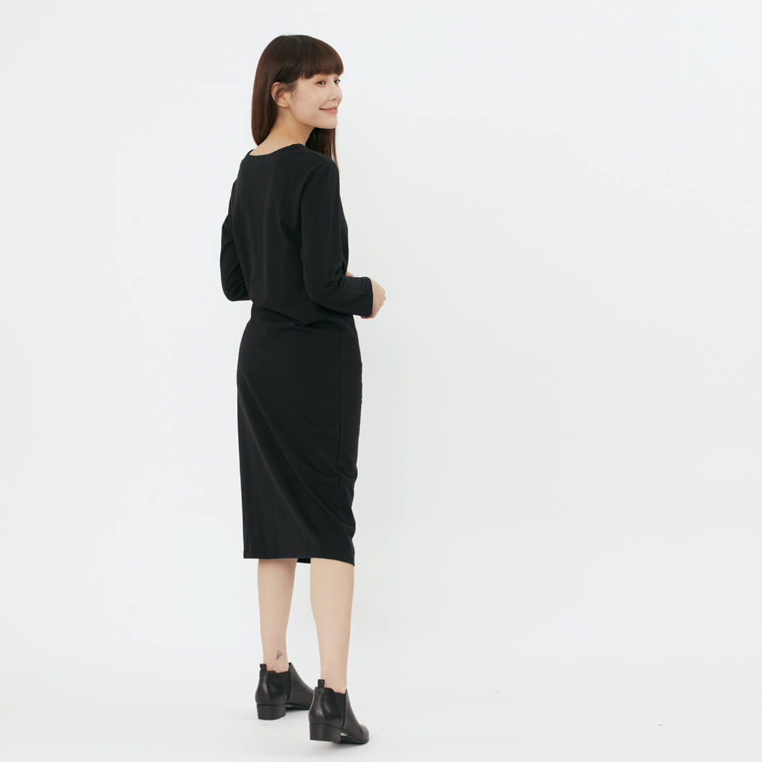 法國小毛圈長袖腰綁帶洋裝/黑