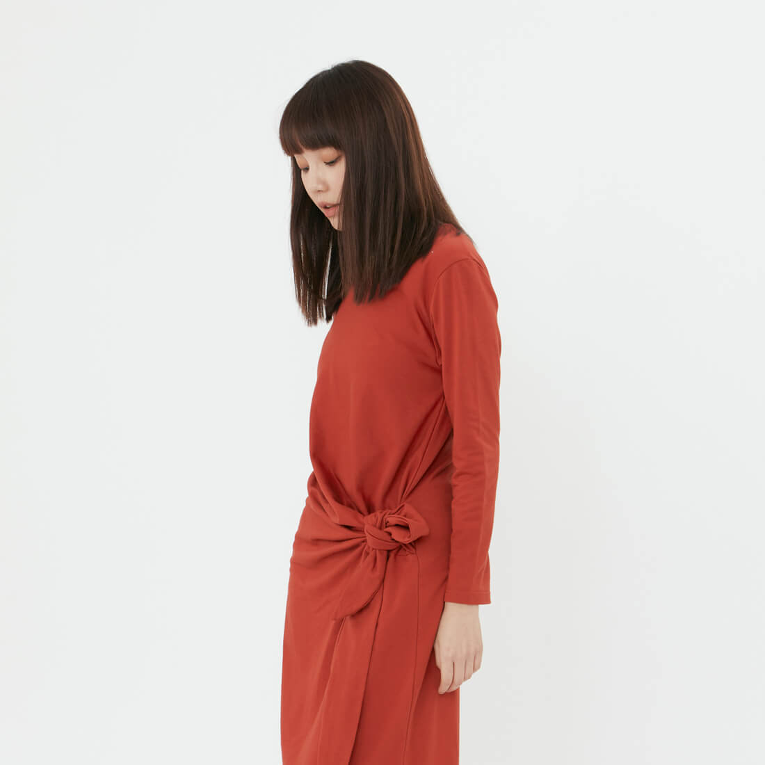 法國小毛圈長袖腰綁帶洋裝/楓紅