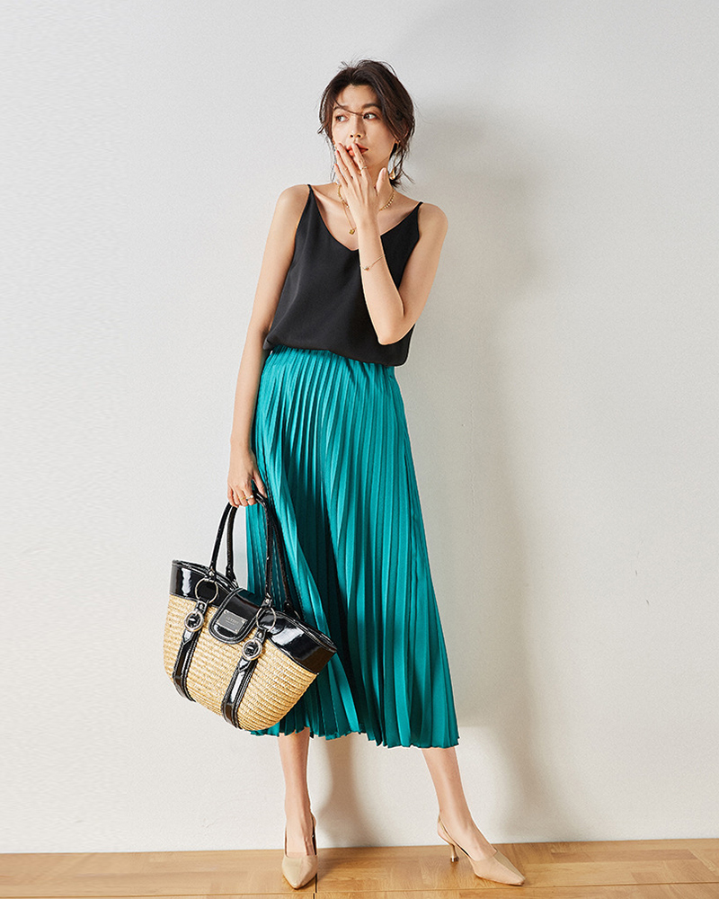 百褶絲緞長裙 五色