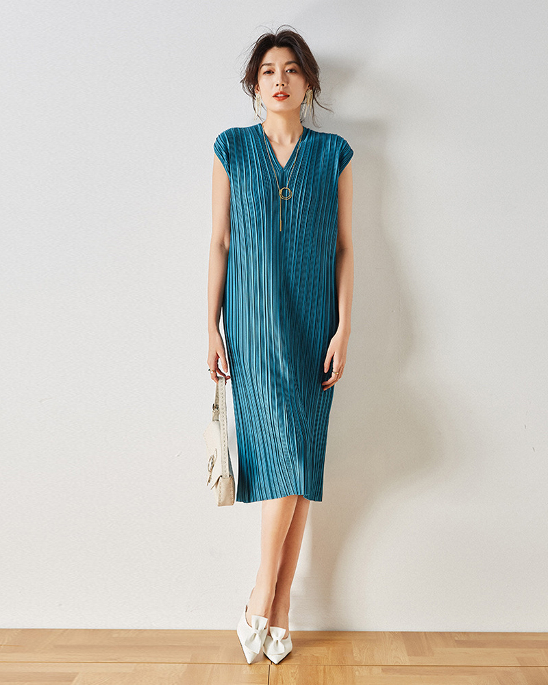 V領半袖壓褶洋裝 三色