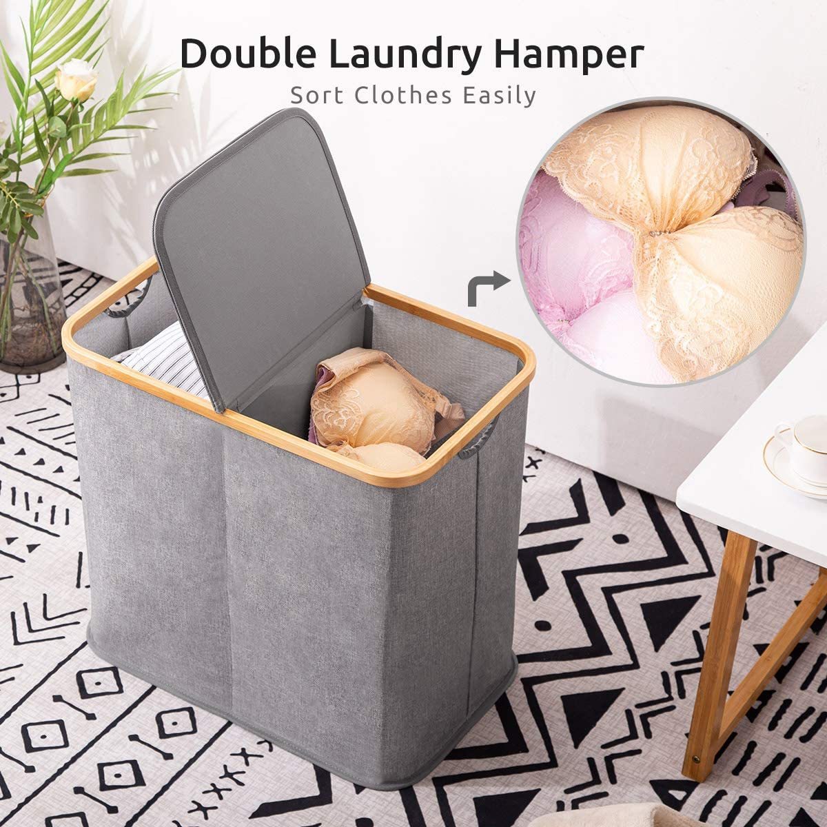 雙層洗衣籃 | 竹子製手柄 | 附蓋子 | 可折疊衣服籃 | 防水 | 衣物分類 | 省時間 (逢星期日截單後7-14個工作天發貨)