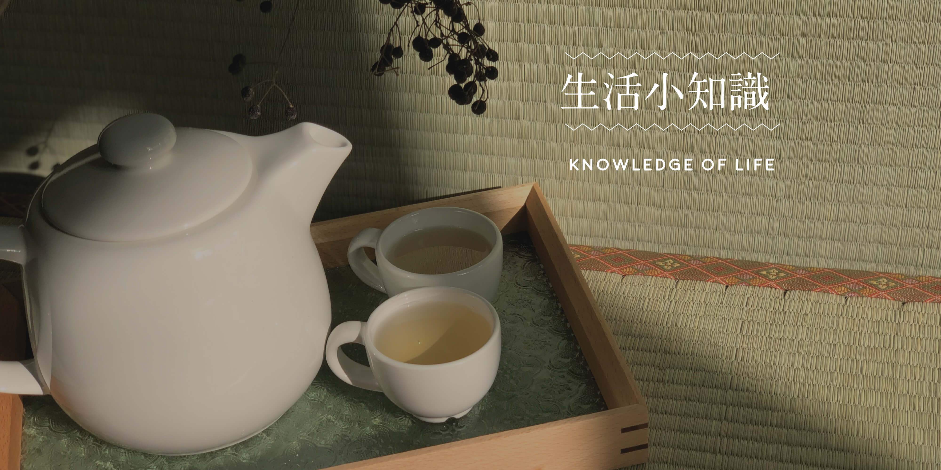 生活小知識，白色大玻璃茶壺、兩個茶杯放在海棠花托盤上，底下是榻榻米