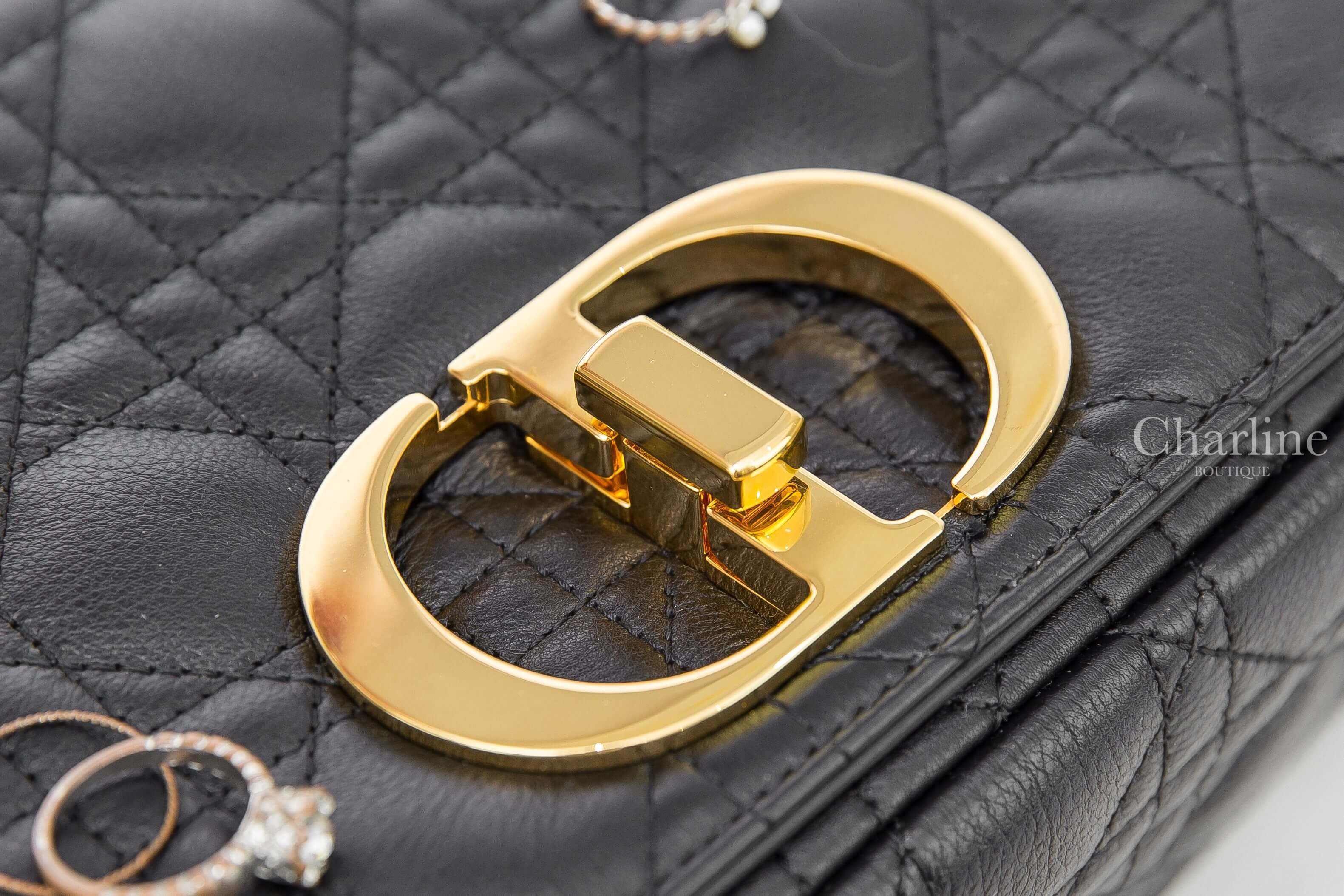 Dior Large Dior Caro Bag 黑色金釦CD鍊帶大型小牛皮藤格紋肩背包