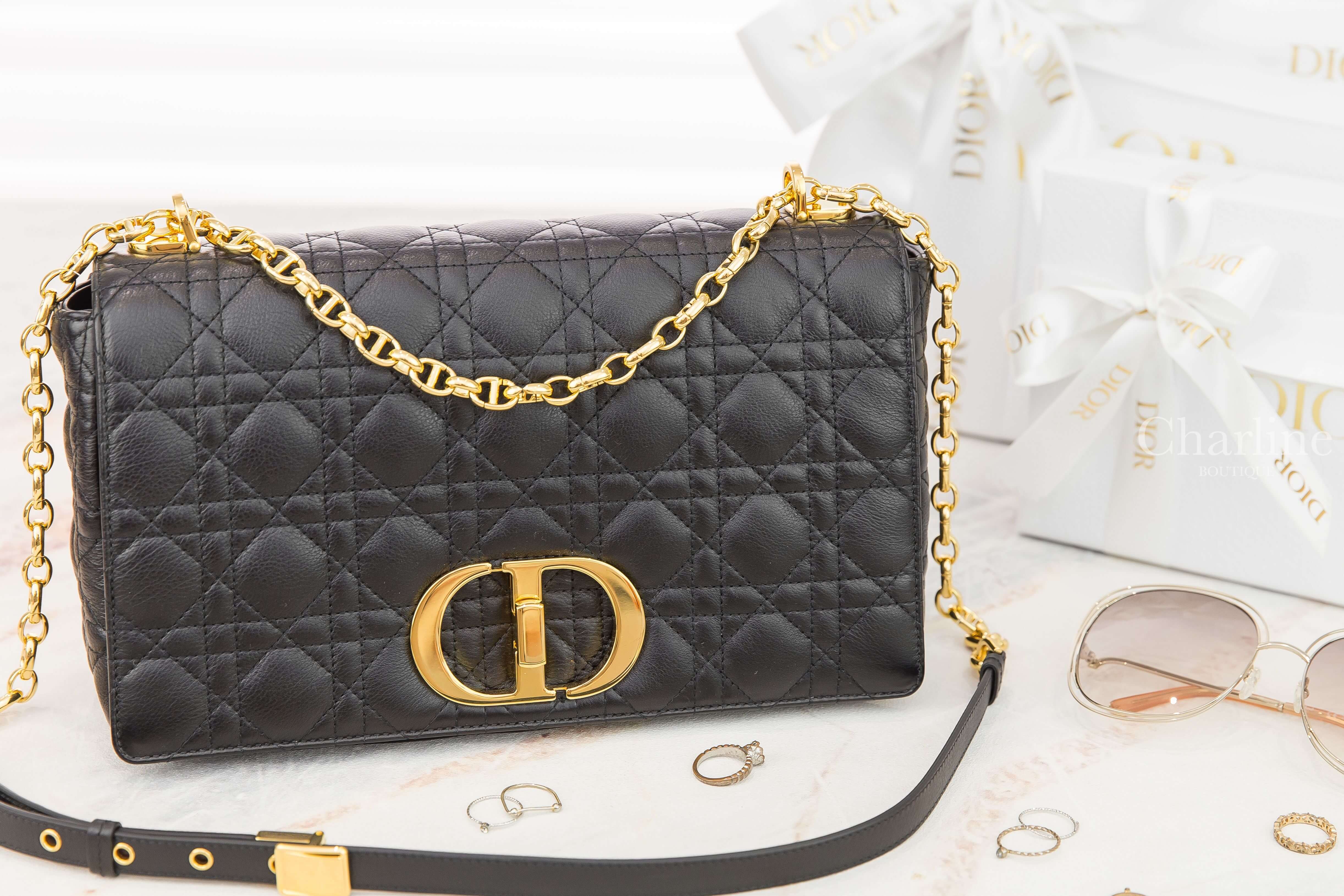 Dior Large Dior Caro Bag 黑色金釦CD鍊帶大型小牛皮藤格紋肩背包