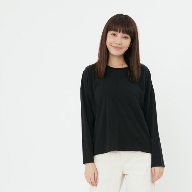 素面長袖落肩蜜桃棉女T/黑色