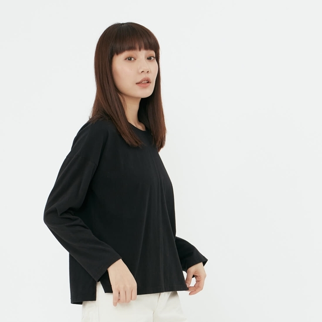 素面長袖落肩蜜桃棉女T/黑色