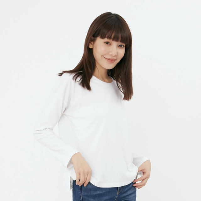 素面長袖落肩蜜桃棉女T/白色