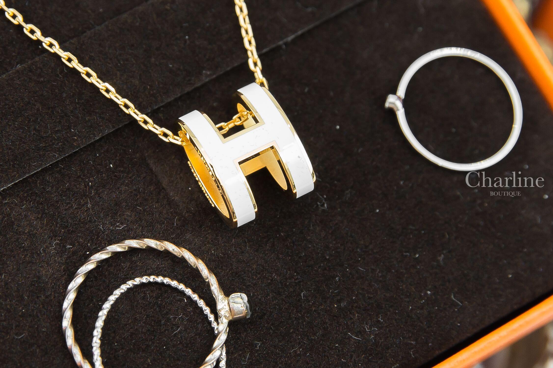 Hermès Pendentif Pop H Necklace 白色珐瑯鍍金簍空橢圓項鍊