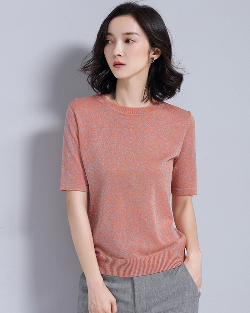 【零碼出清不退換】圓領短袖金絲針織上衣