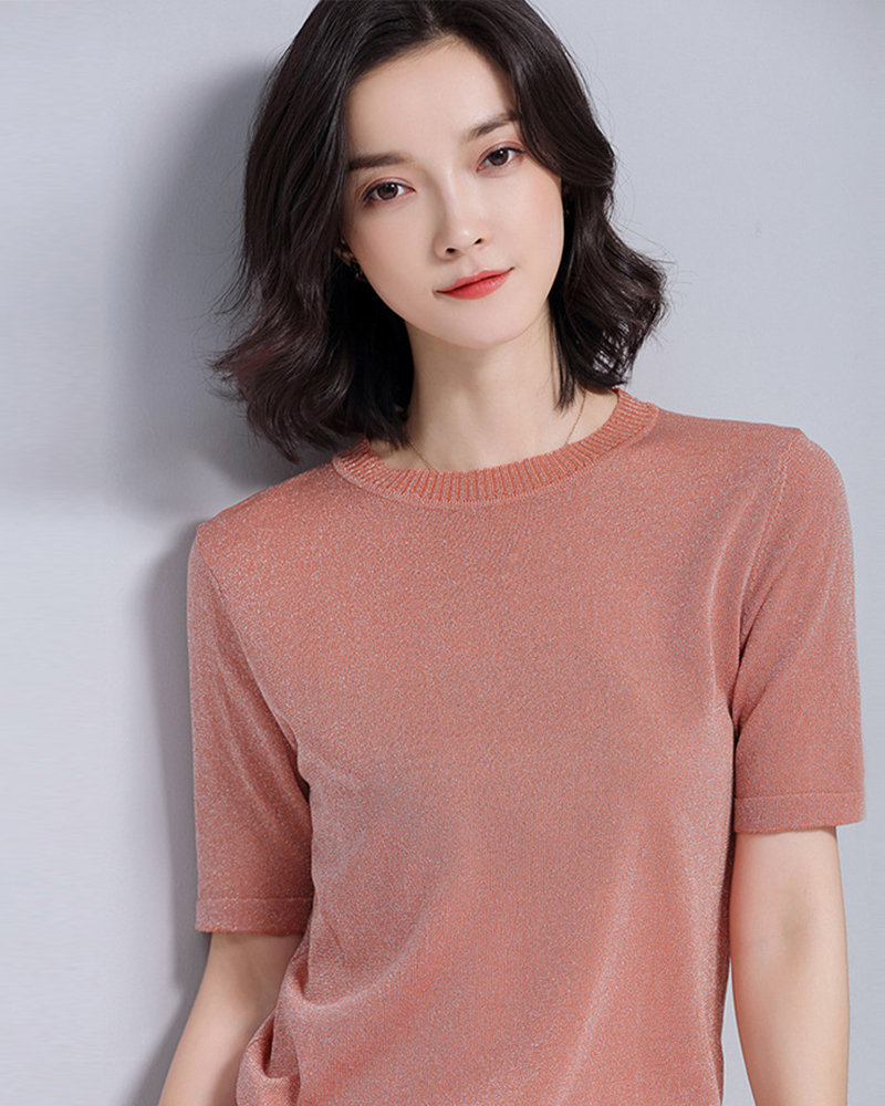 【零碼出清不退換】圓領短袖金絲針織上衣