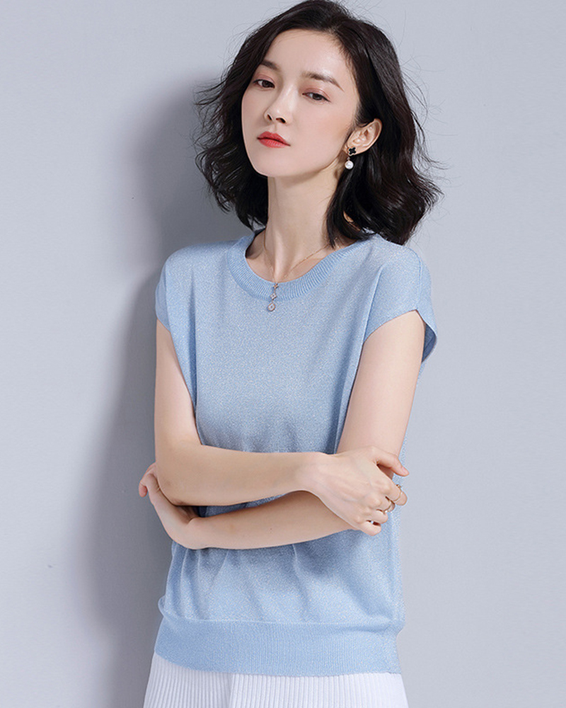 藏青L【零碼出清不退換】圓領半袖金絲針織上衣