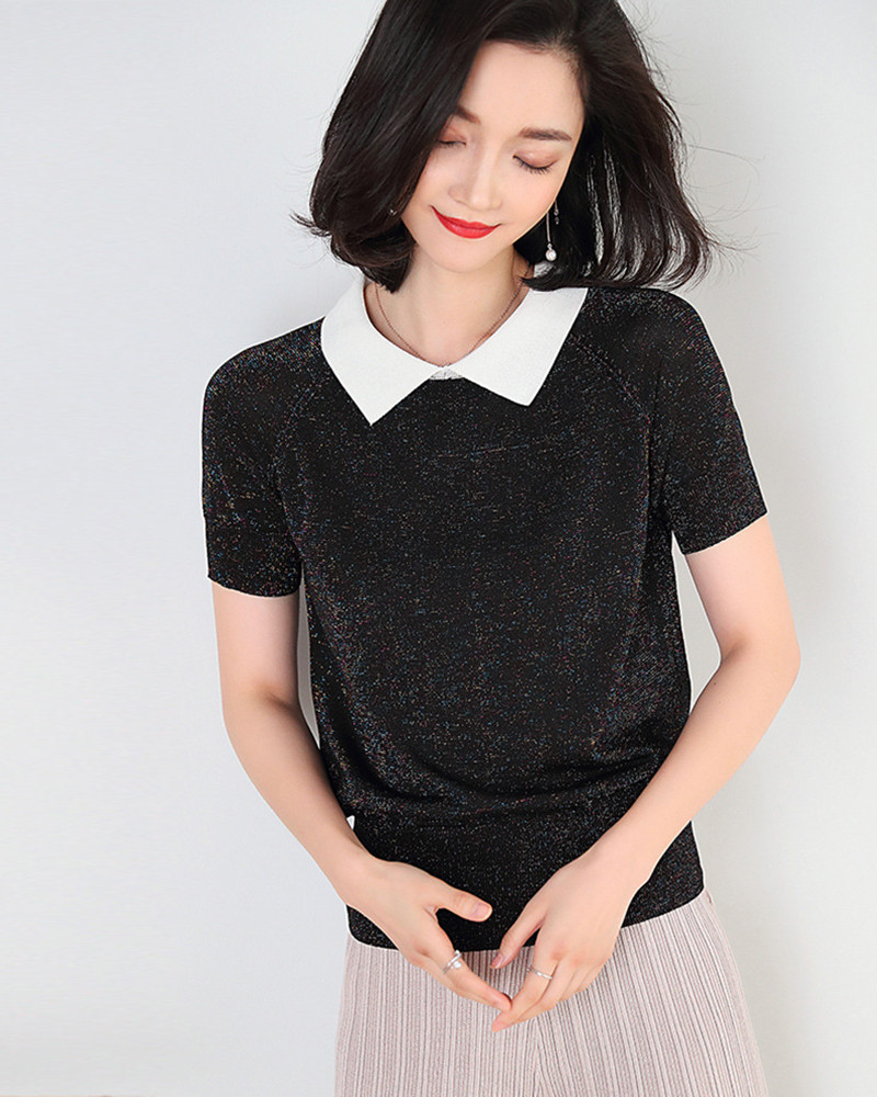 黑S【零碼出清不退換】配色襯衫領金絲針織上衣