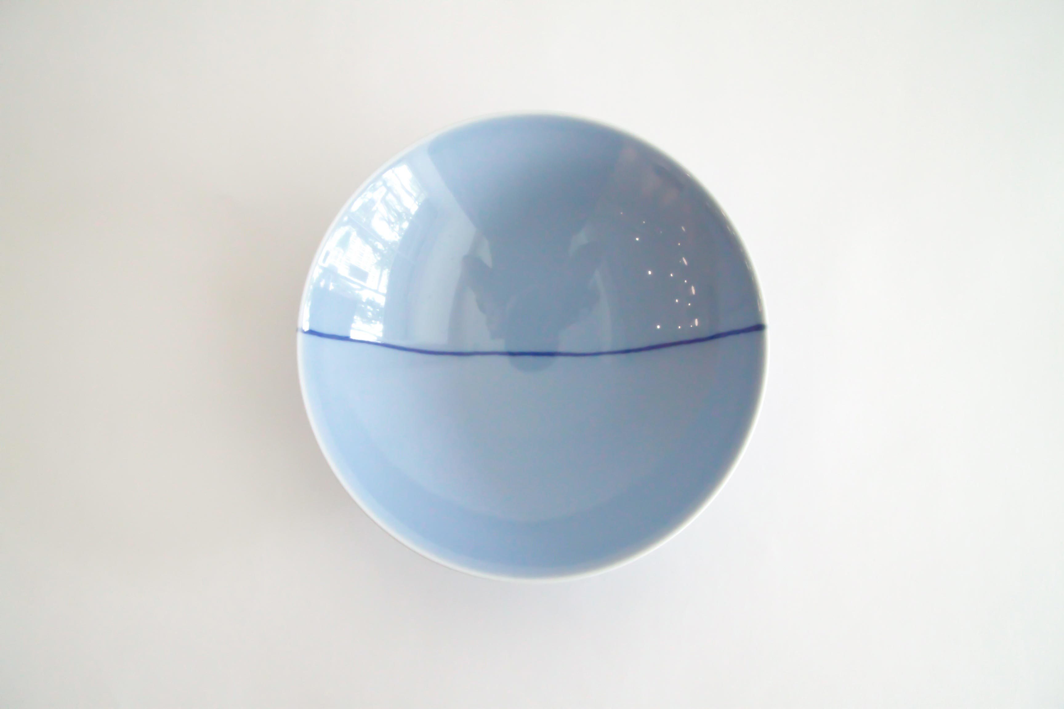 白山陶器-平茶碗 I-18 水藍底藍直