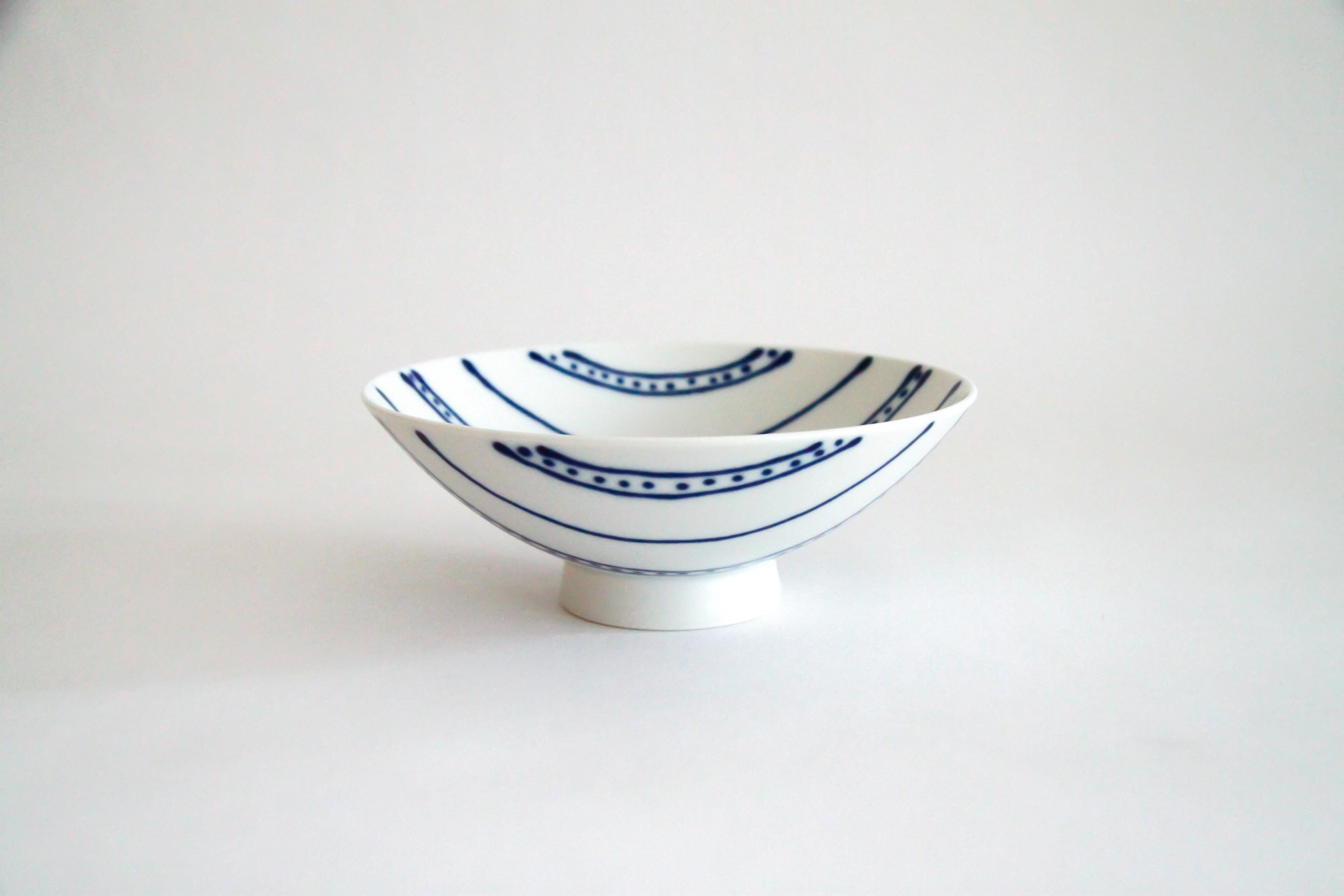 白山陶器-平茶碗 ST-28 霧白底藍直點