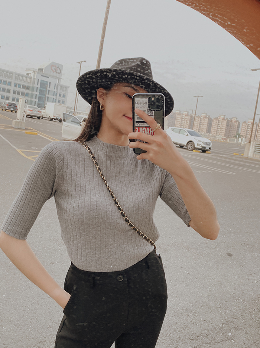 立領坑條五分袖*3色