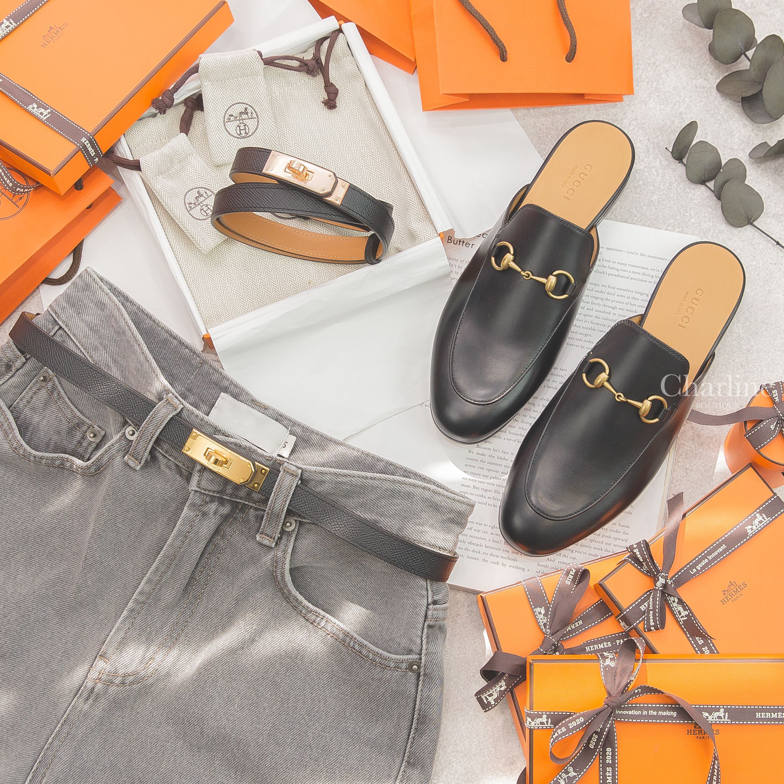 Hermès Kelly Belt 黑色牛皮金扣可調式皮帶,Hermès Kelly Belt 黑色牛皮玫瑰金扣可調式皮帶,Gucci Princetown Leather Slipper 黑色牛皮拖鞋-Charline Boutique 精品代購