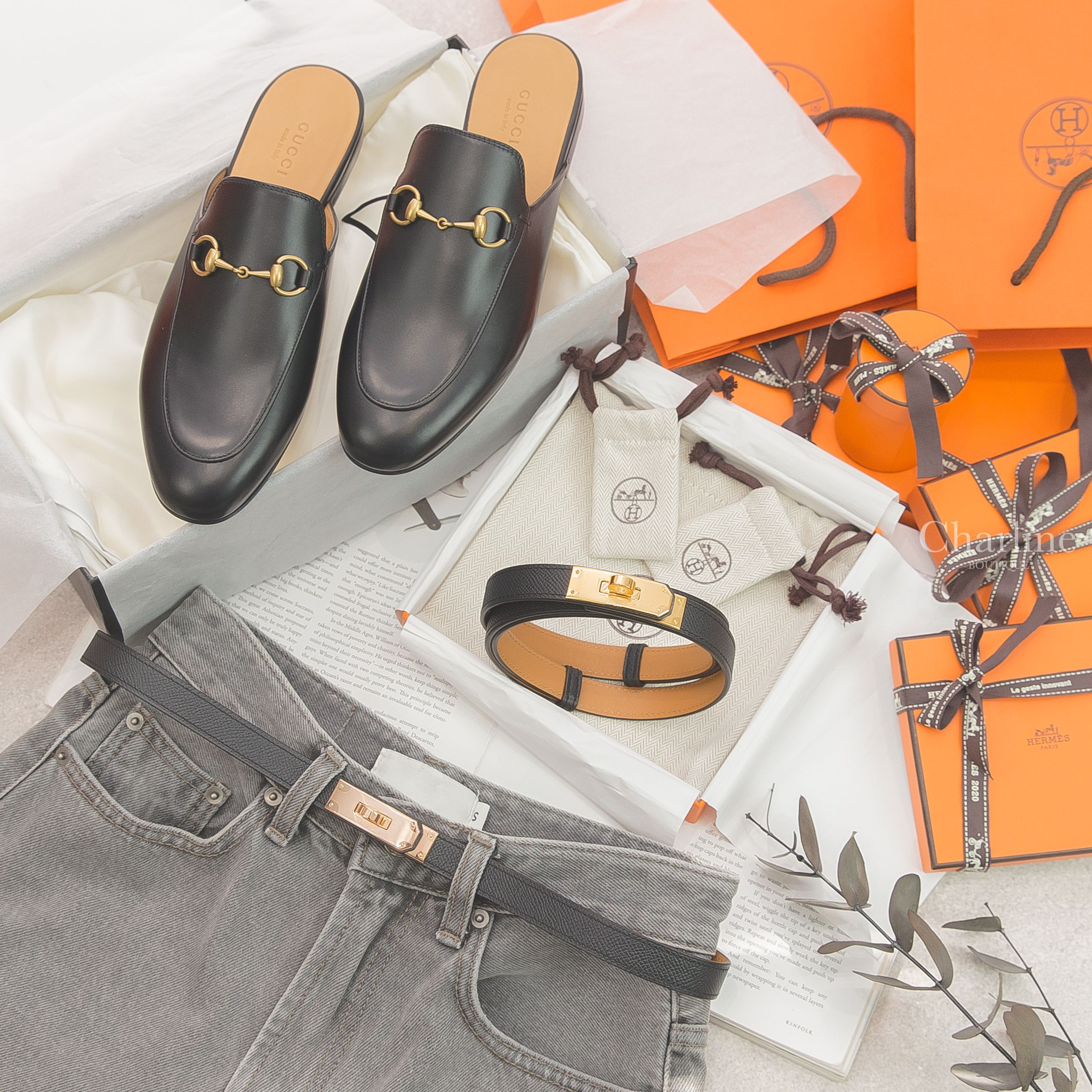 Hermès Kelly Belt 黑色牛皮金扣可調式皮帶,Hermès Kelly Belt 黑色牛皮玫瑰金扣可調式皮帶,Gucci Princetown Leather Slipper 黑色牛皮拖鞋-Charline Boutique 精品代購