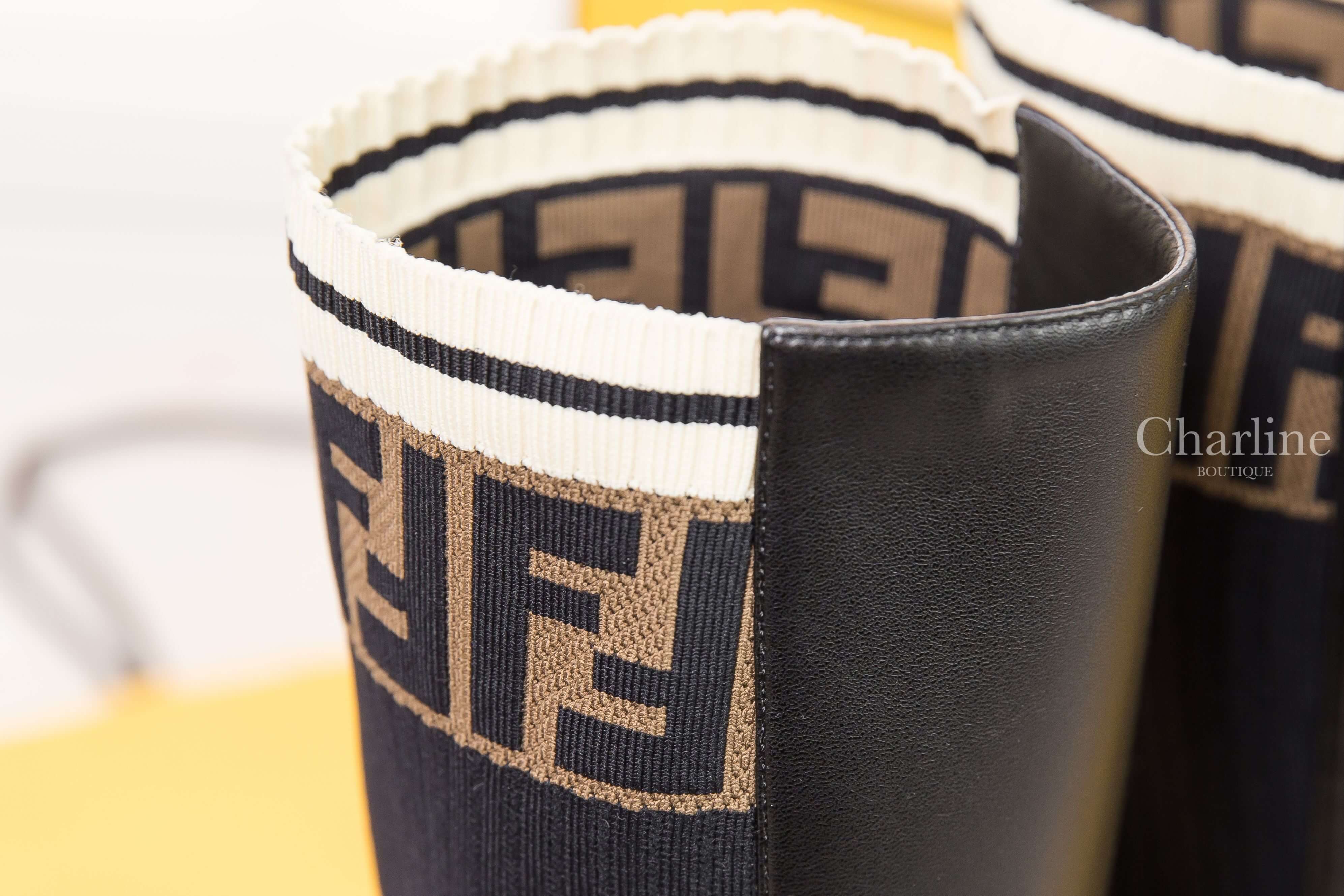 Fendi Boots 黑色小牛皮拼接咖啡色FF針織長靴